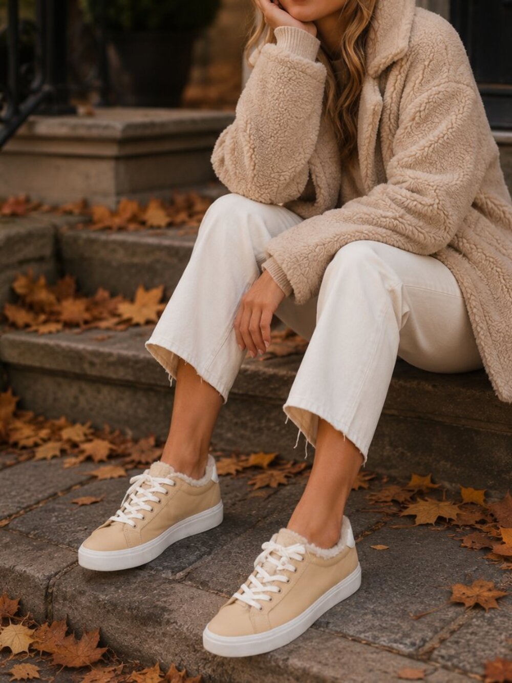 Schutz Leather Sneaker Shearling Fleece Lined Shoes Size 8 Beige Neutral Cozy - Picture 1 of 8